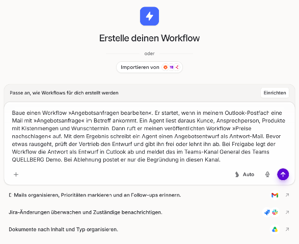 Startbildschirm des Workflow-Chats mit einer Beschreibung des Ablaufs