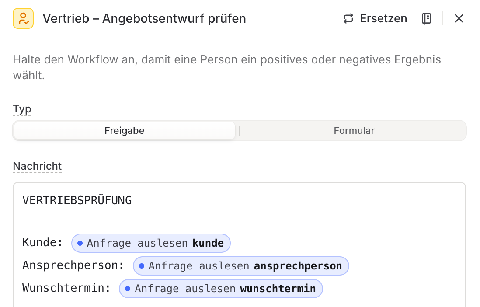 Einstellungen der Nutzereingabe mit Typ Freigabe und Nachricht