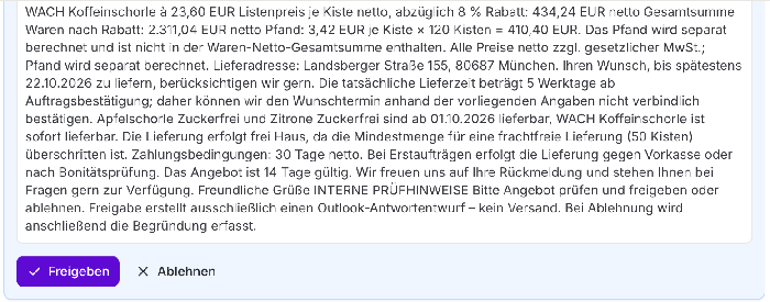 Freigabe im Testlauf mit Positionen, Summe und Mailentwurf