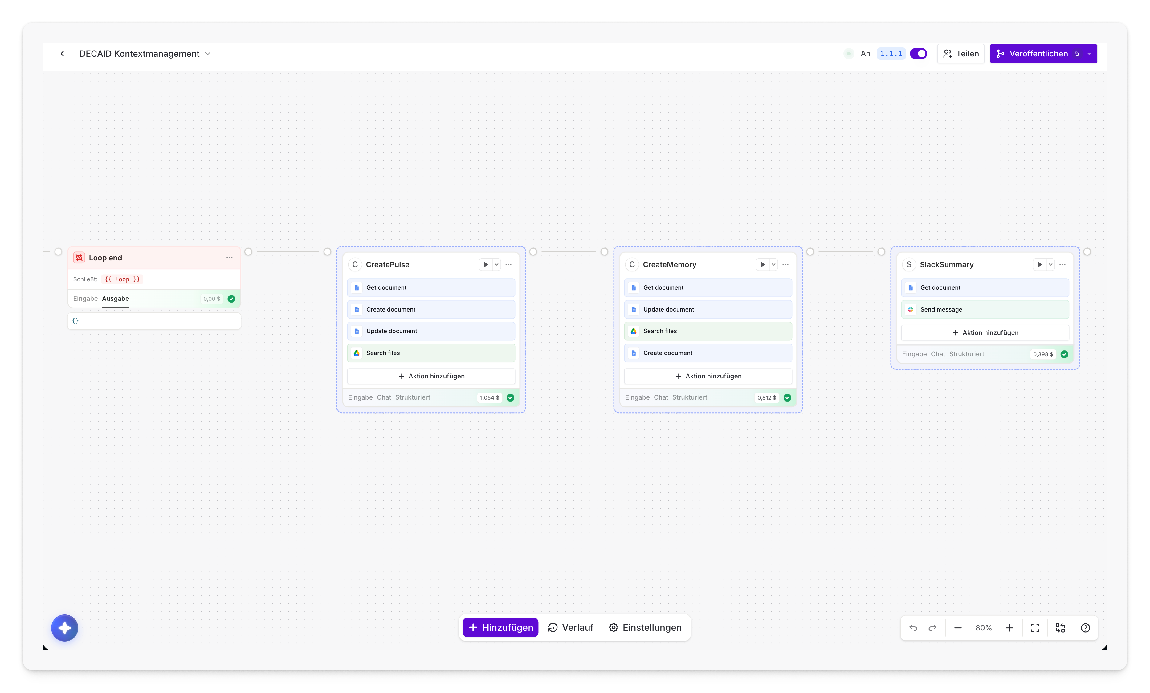 Langdock Workflows Canvas. Voorbeeld van een productieve workflow met Loop, Agent Nodes en Slack-integratie